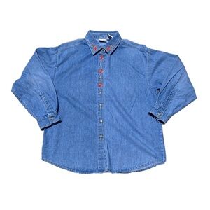 Vintage embroidered floral medium wash denim shirt by basic edition women’s sz M
